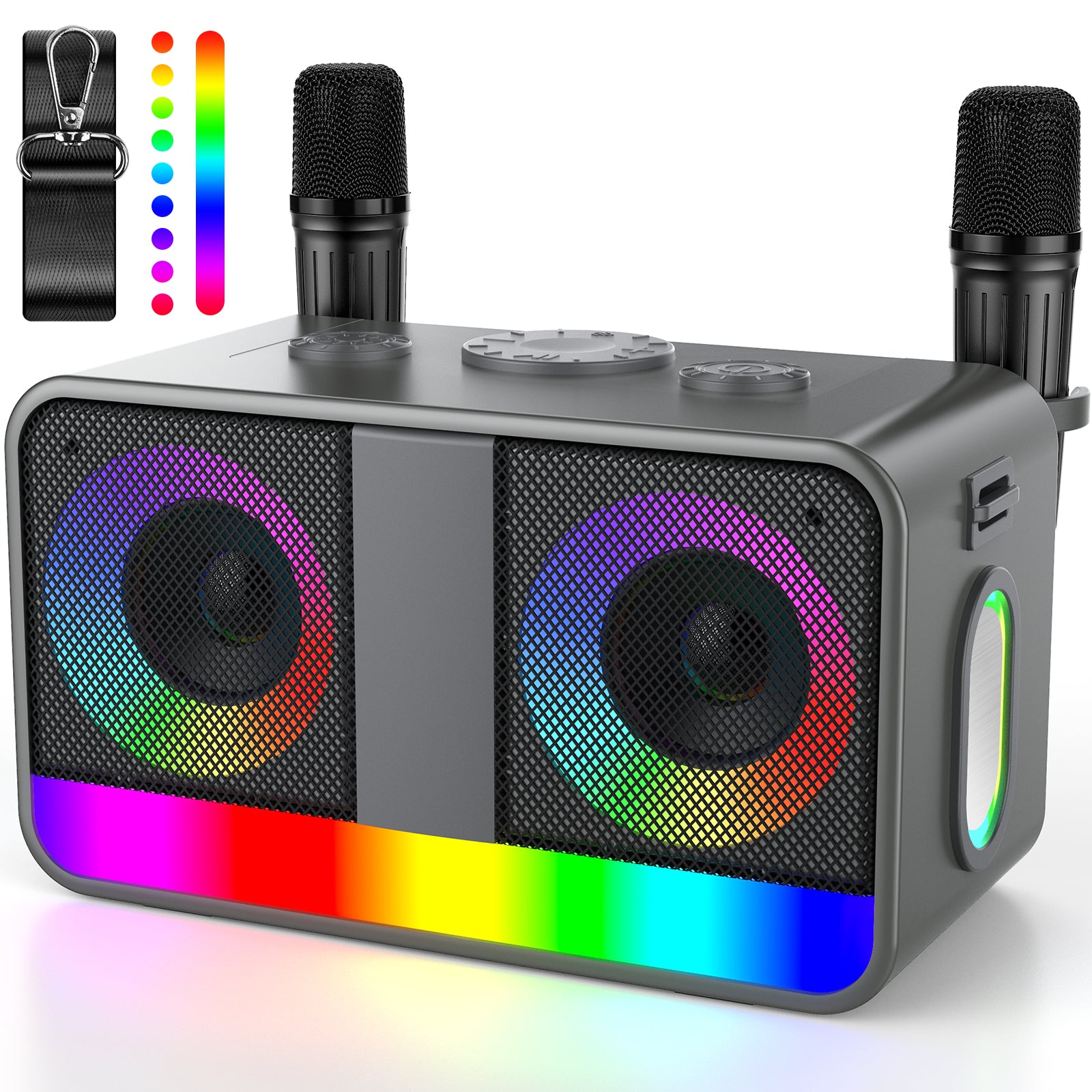 Karaoké Haut-Parleur Portable 35W Réel, Autonomie de 8 Heures, 2 Microphones sans Fil Rechargeables, LED, Machine de Karaoké pour Adultes et Enfants, (CHJ171-Silvergray)