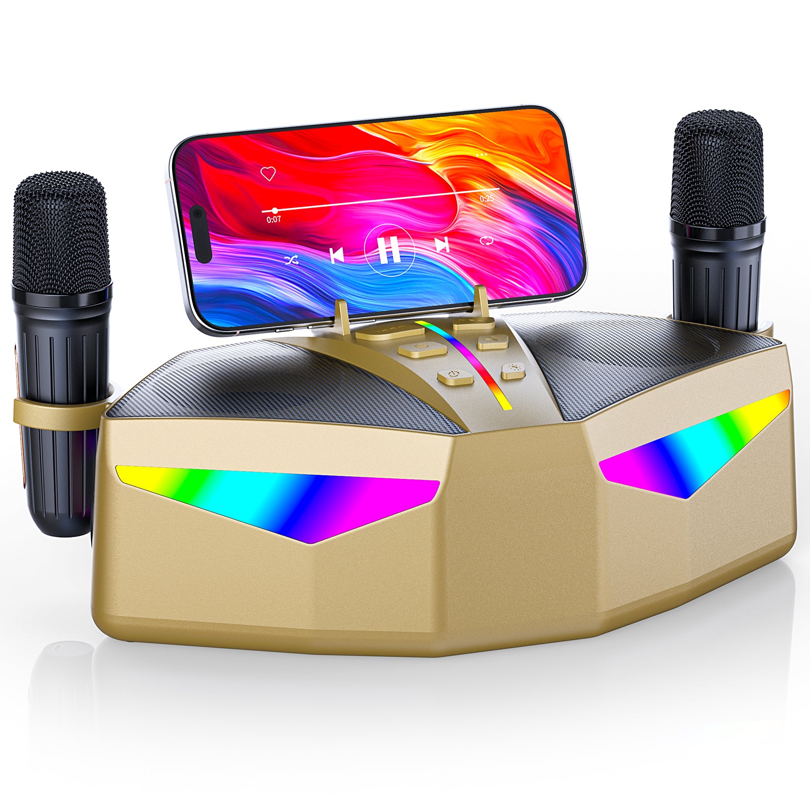 Karaoké Haut-Parleur Portable 35W Réel, Autonomie de 8 Heures, 2 Microphones sans Fil Rechargeables, LED, Machine de Karaoké pour Adultes et Enfants, (CHJ161-Golden)