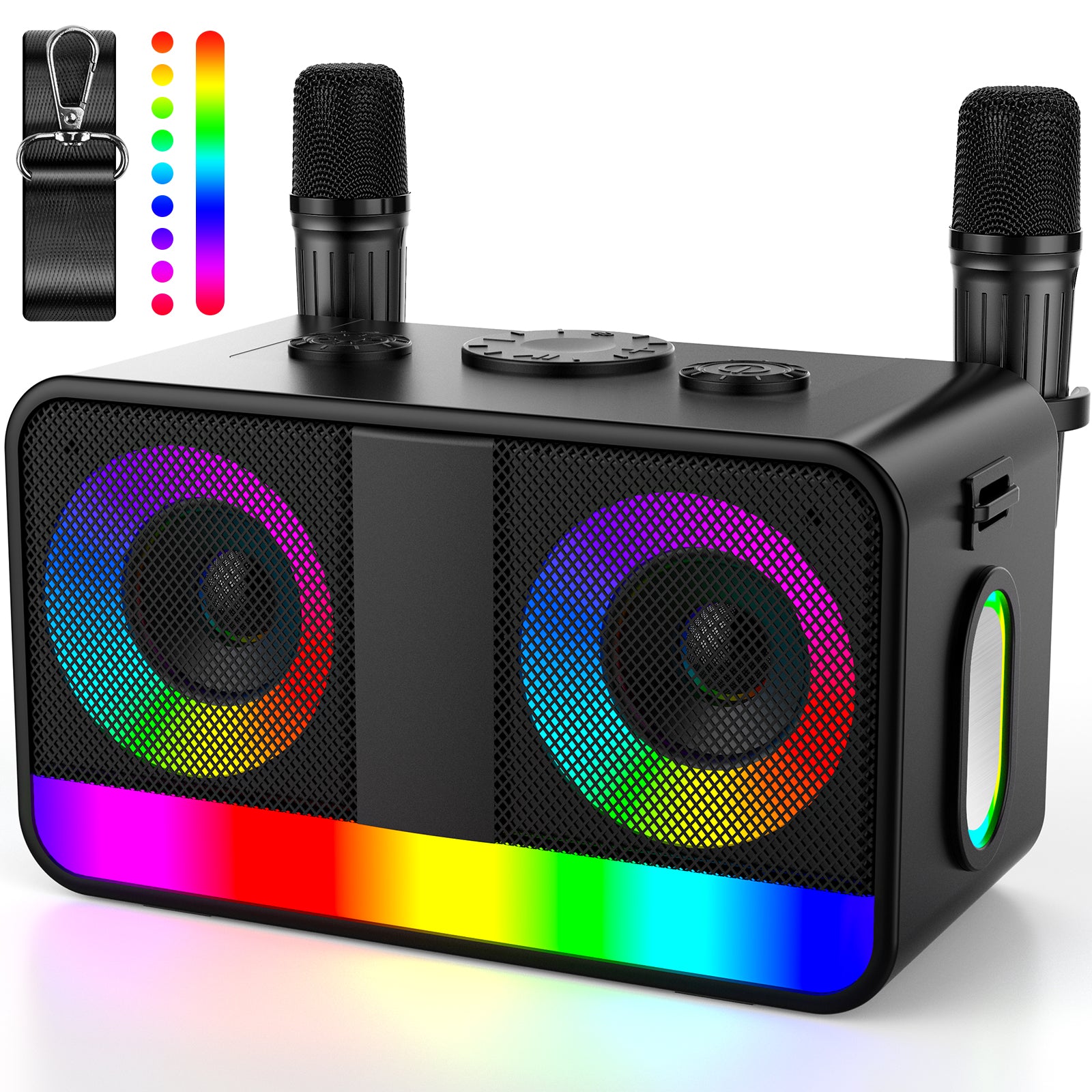 Karaoké Haut-Parleur Portable 35W Réel, Autonomie de 8 Heures, 2 Microphones sans Fil Rechargeables, LED, Machine de Karaoké pour Adultes et Enfants, (CHJ171-Black)